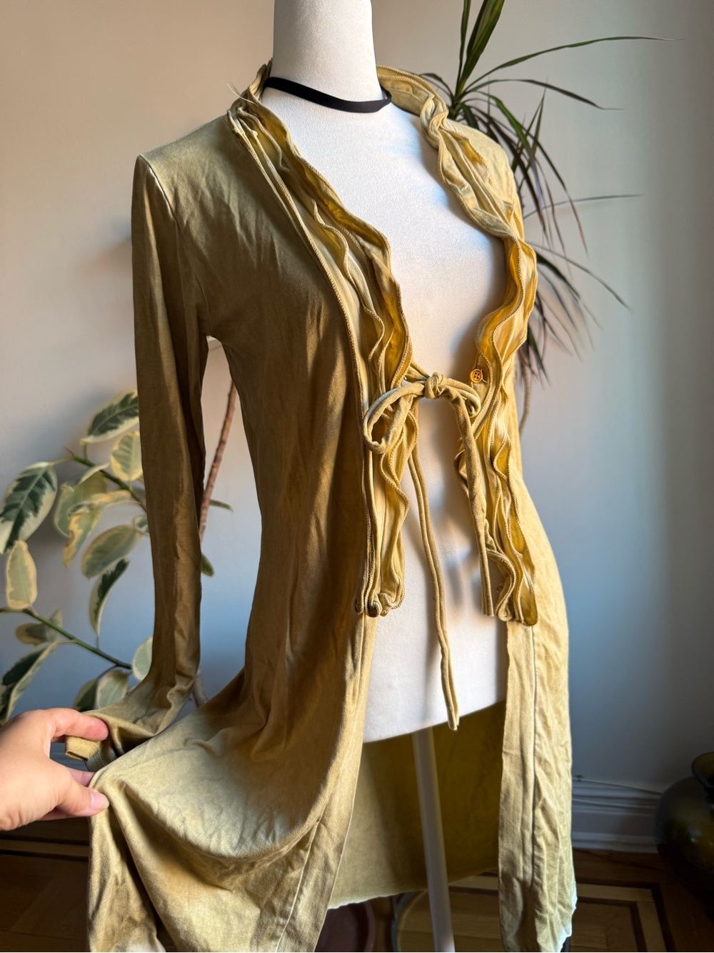 Vintage Italian Tie-Front Lightweight Duster Cardigan — Olive Gold
